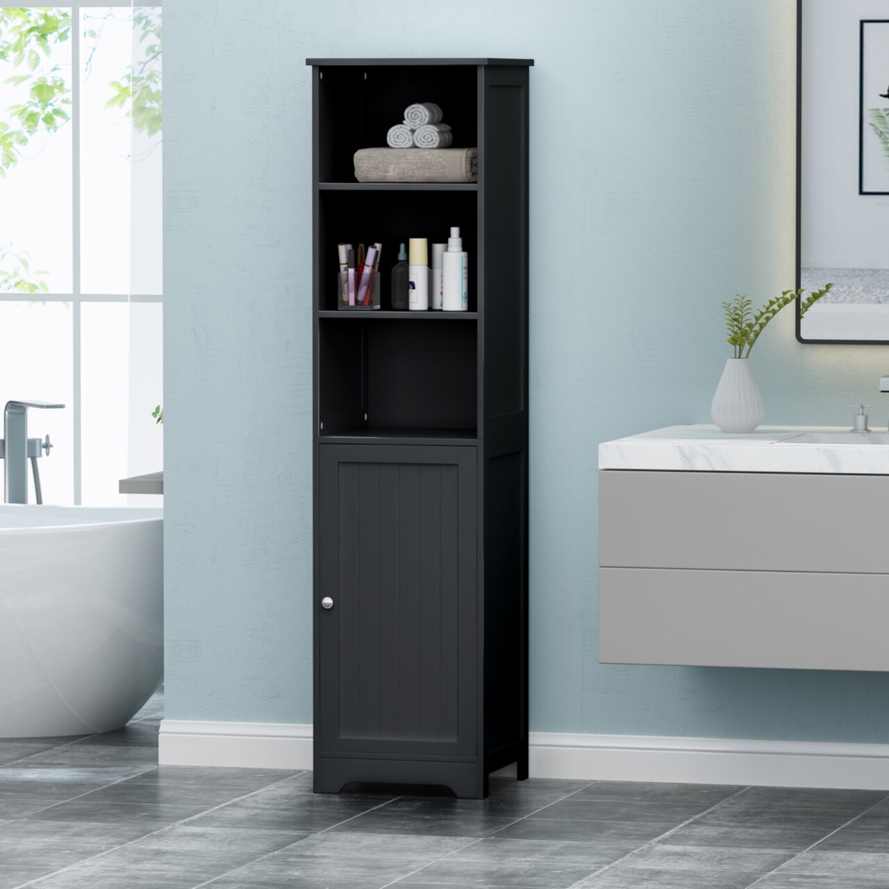 GDF Studio Lauren Modern Free Standing Bathroom Linen Tower Storage Cabinet